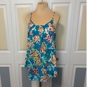 Renee C Womens Large Teal Blue Floral Ikat Pleated Camisole Tank Top Made in USA